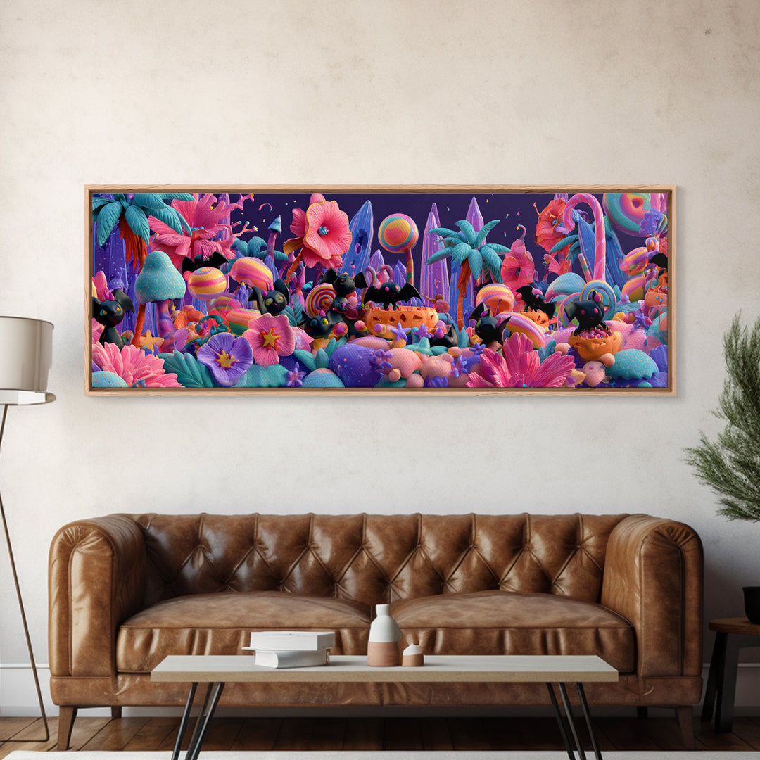 The Gummy Bat Garden, Cute Spooky Neon Art, Extra Wide Wall Art, Canvas Print, Retro Halloween Decor, Neon Wall Art, Horror Wall Art