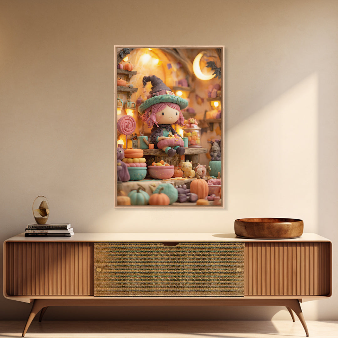 The Candy Witch'S Kitchen, Cute Spooky Neon Art, Vertical Wall Art, Framed Canvas Print, Retro Halloween Decor, Neon Wall Art