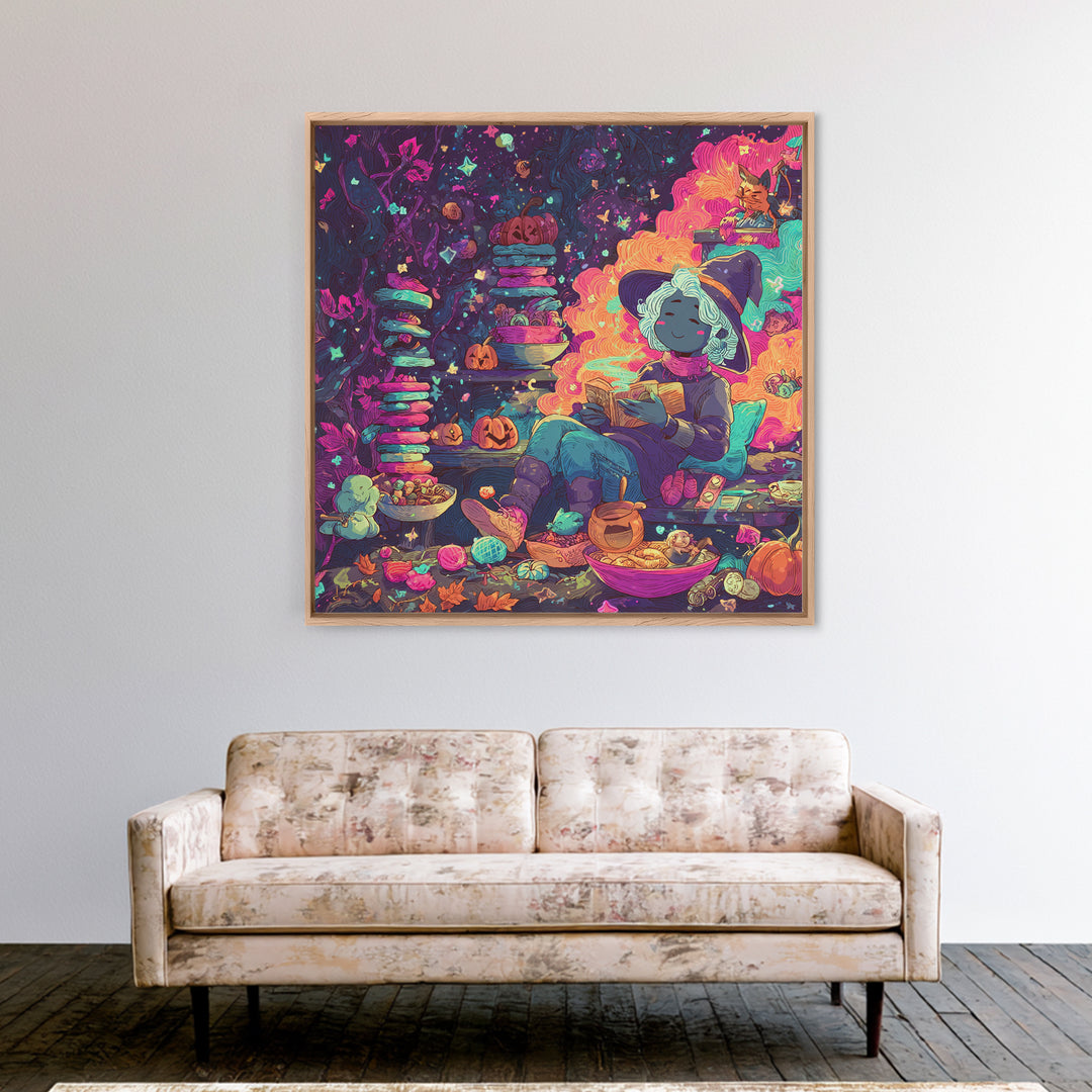 The Candy Witch'S Kitchen, Retro Neon Halloween Art, Square Wall Art, Canvas Print, Retro Halloween Decor, Neon Wall Art, Macabre Wall Art