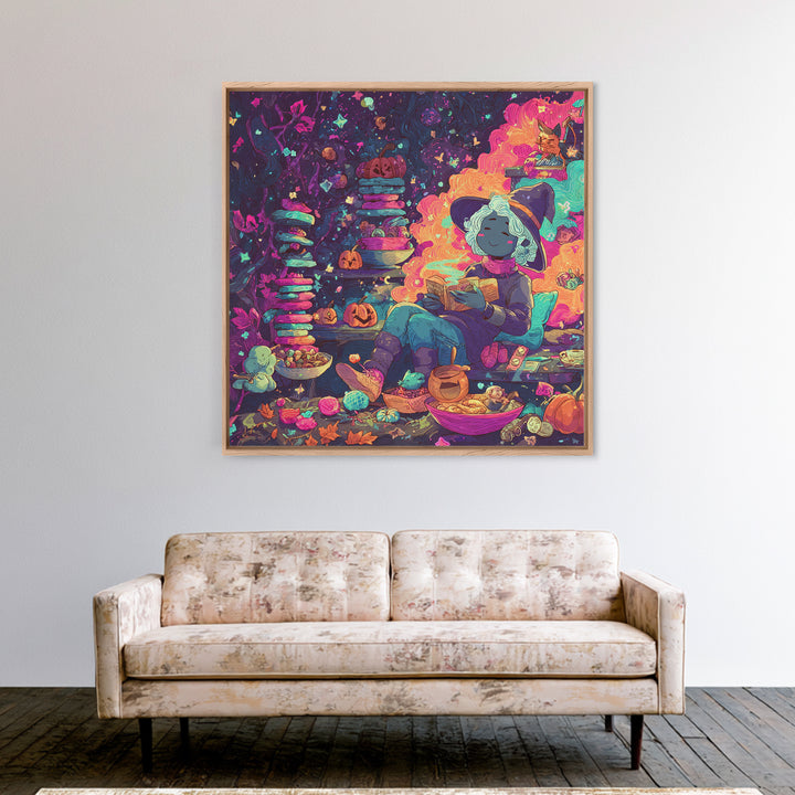 The Candy Witch'S Kitchen, Retro Neon Halloween Art, Square Wall Art, Canvas Print, Retro Halloween Decor, Neon Wall Art, Macabre Wall Art