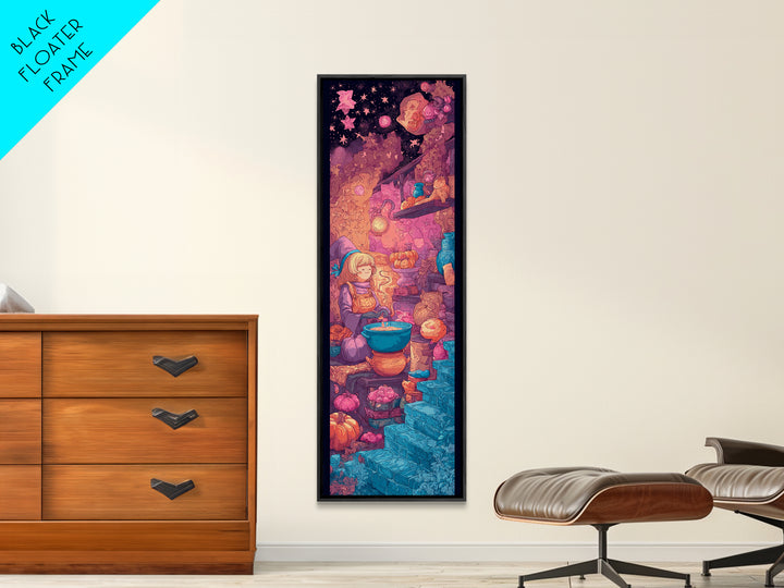 The Candy Witch'S Kitchen, Vaporwave Halloween Decor, Tall Narrow Wall Art, Framed Canvas Print, Retro Halloween Decor, Neon Wall Art