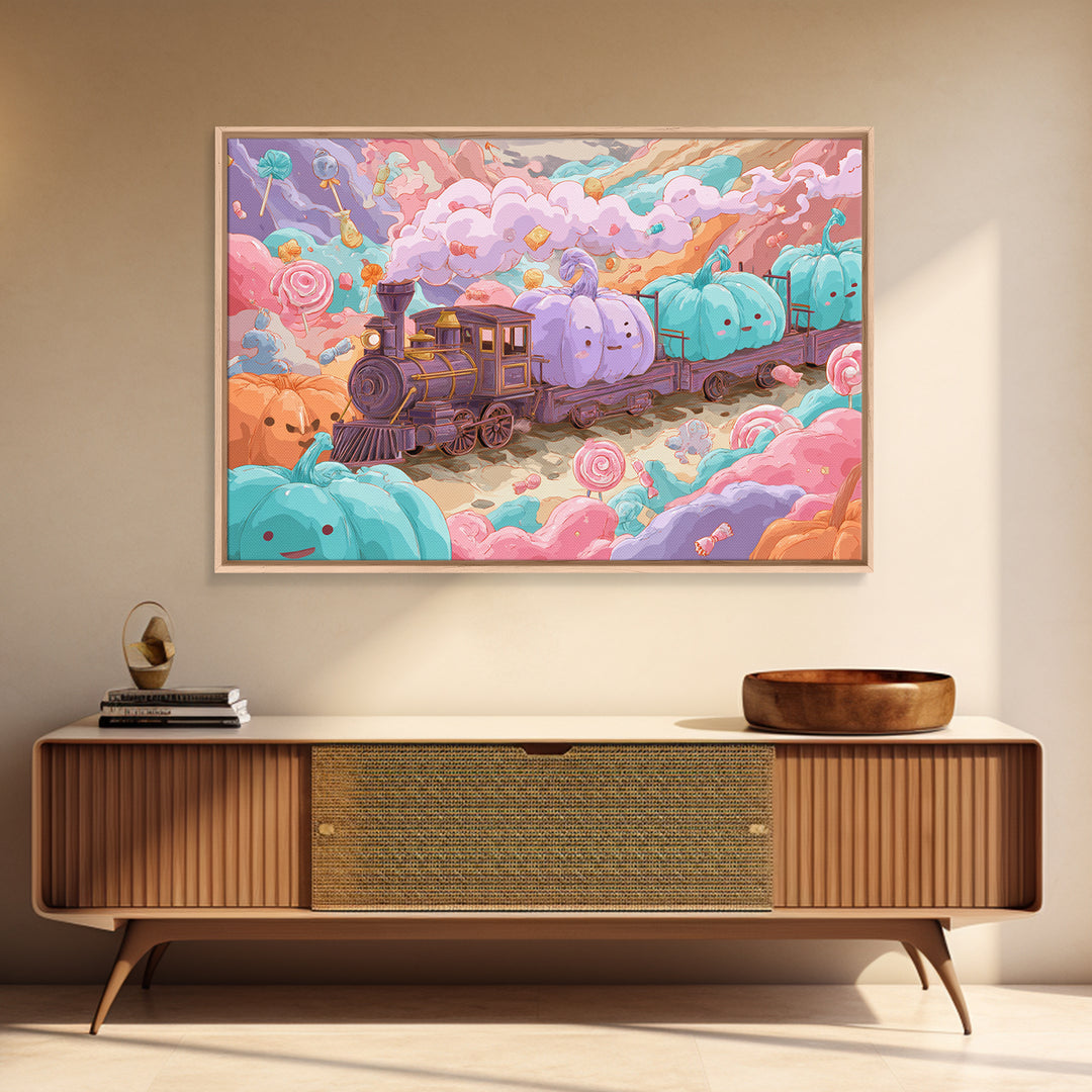 The Chocolate Pumpkin Train, 80s Halloween Wall Art, Landscape Wall Art, Framed Canvas Print, Retro Halloween Decor, Neon Wall Art