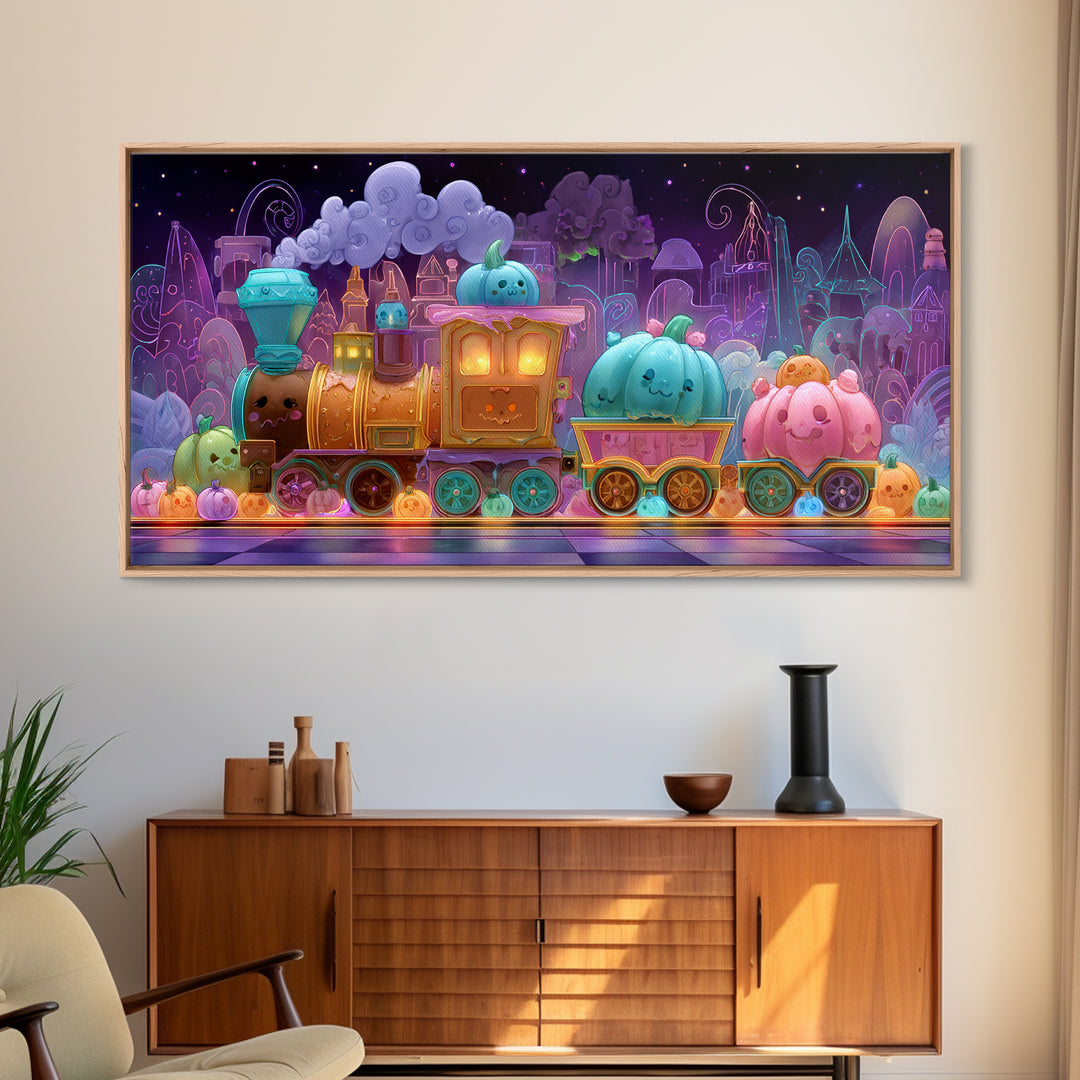 The Chocolate Pumpkin Train, 80s Halloween Wall Art, Wide Panoramic Art, Canvas Print, Retro Halloween Decor, Neon Wall Art