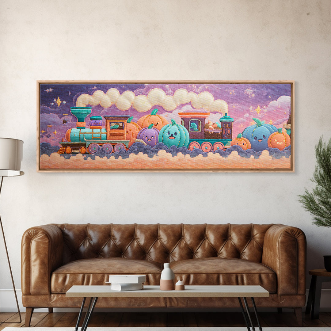 The Chocolate Pumpkin Train, 80s Halloween Wall Art, Extra Wide Wall Art, Framed Canvas Print, Retro Halloween Decor, Neon Wall Art
