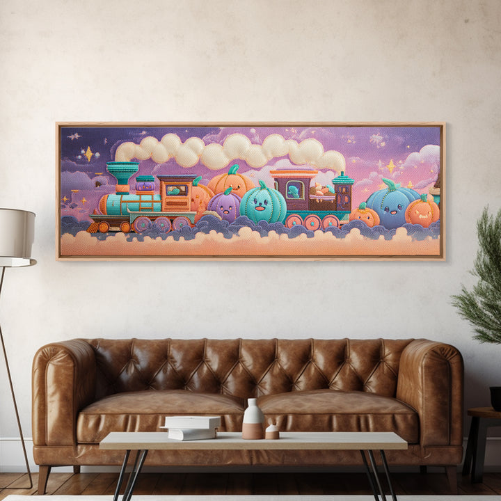 The Chocolate Pumpkin Train, 80s Halloween Wall Art, Extra Wide Wall Art, Framed Canvas Print, Retro Halloween Decor, Neon Wall Art