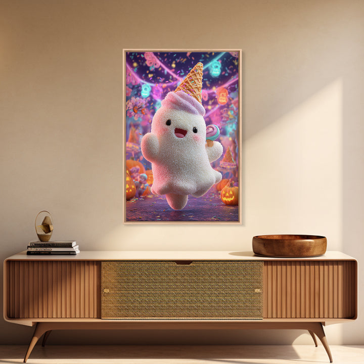 The Ice-Cream Ghost Parade, 80s Halloween Wall Art, Vertical Wall Art, Canvas Print, Retro Halloween Decor, Neon Wall Art, Dark Fantasy Art