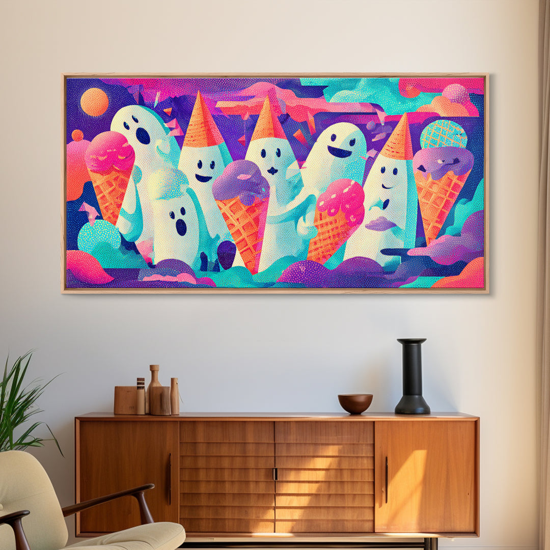 The Ice-Cream Ghost Parade, Vaporwave Halloween Decor, Wide Panoramic Art, Framed Canvas Print, Retro Halloween Decor, Neon Wall Art