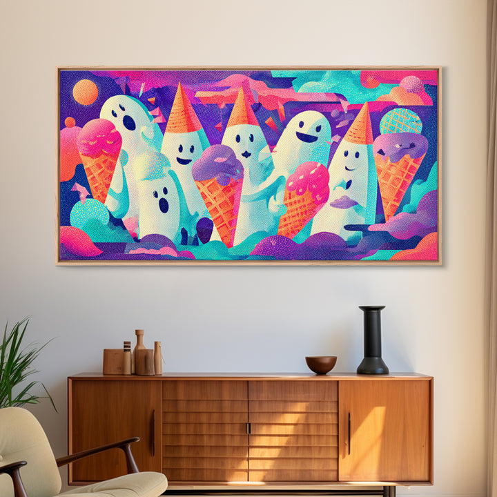 The Ice-Cream Ghost Parade, Vaporwave Halloween Decor, Wide Panoramic Art, Framed Canvas Print, Retro Halloween Decor, Neon Wall Art