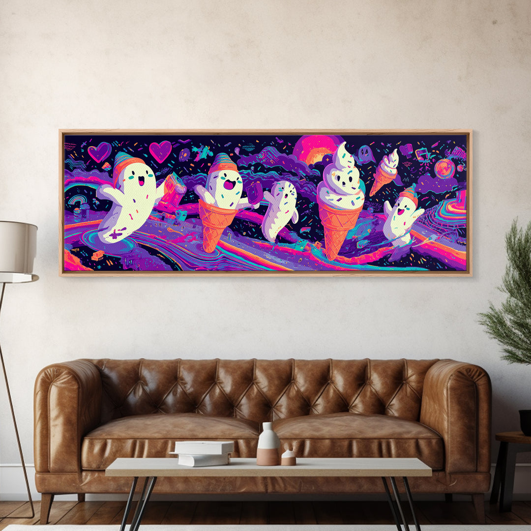 The Ice-Cream Ghost Parade, Retro Neon Halloween Art, Extra Wide Wall Art, Framed Canvas Print, Retro Halloween Decor, Neon Wall Art