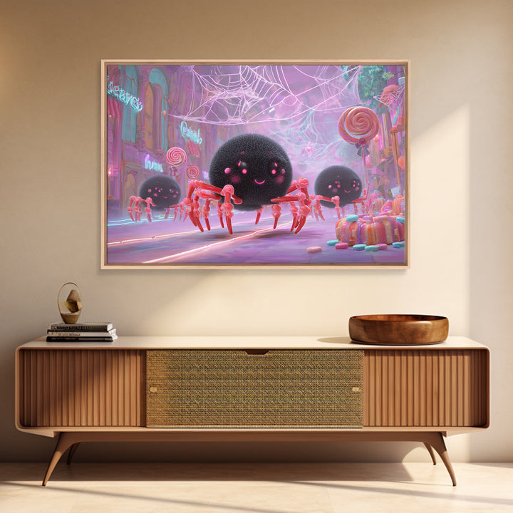 The Licorice Spider Family, Vaporwave Halloween Decor, Landscape Wall Art, Canvas Print, Retro Halloween Decor, Neon Wall Art