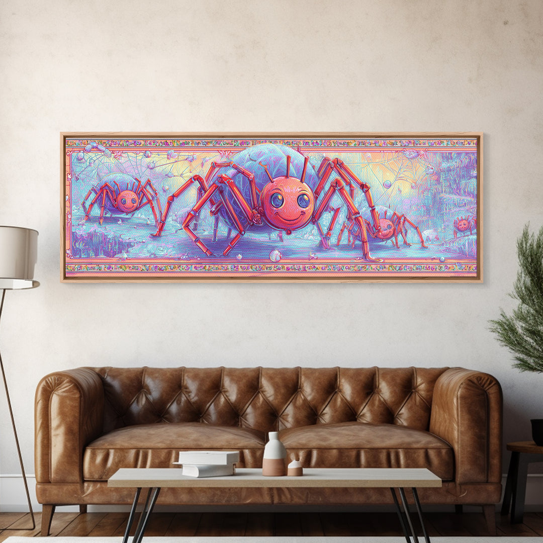 The Licorice Spider Family, Cute Spooky Neon Art, Extra Wide Wall Art, Framed Canvas Print, Retro Halloween Decor, Neon Wall Art