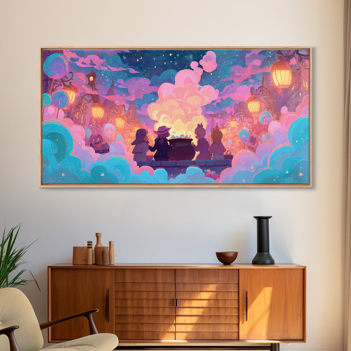 The Cotton-Candy Cauldron, Retro Neon Halloween Art, Wide Panoramic Art, Canvas Print, Retro Halloween Decor, Neon Wall Art