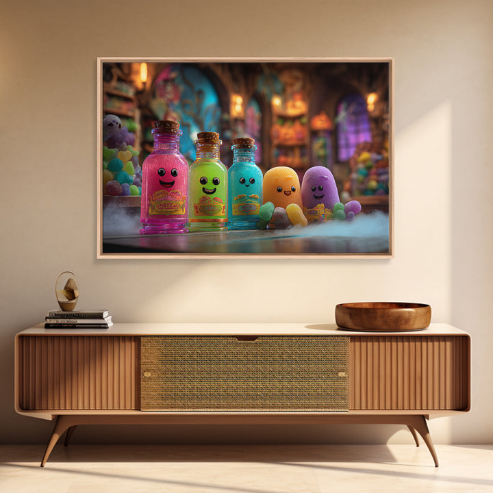 The Jellybean Potion Shop, Retro Neon Halloween Art, Landscape Wall Art, Canvas Print, Retro Halloween Decor, Neon Wall Art