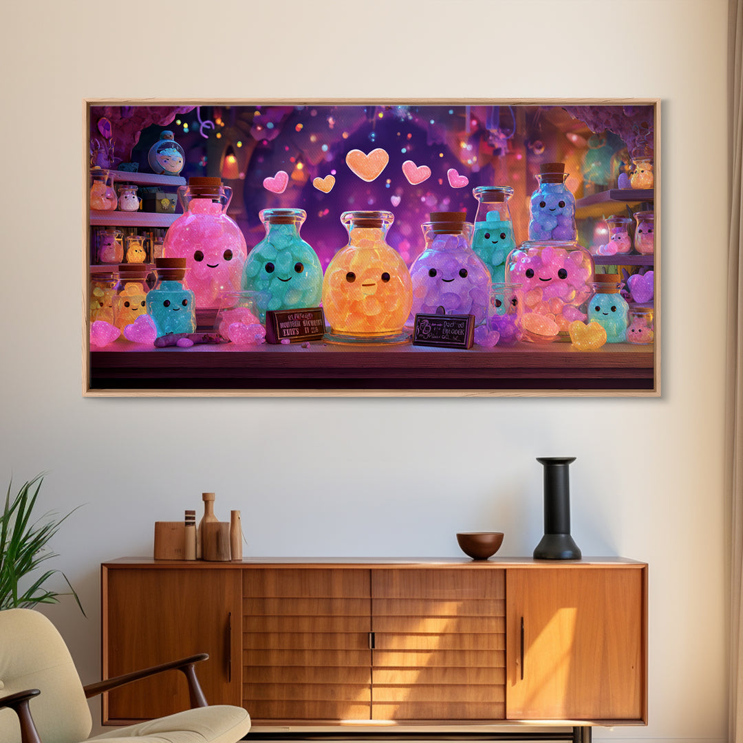 The Jellybean Potion Shop, Cute Spooky Neon Art, Wide Panoramic Art, Canvas Print, Retro Halloween Decor, Neon Wall Art, Statement Wall Art