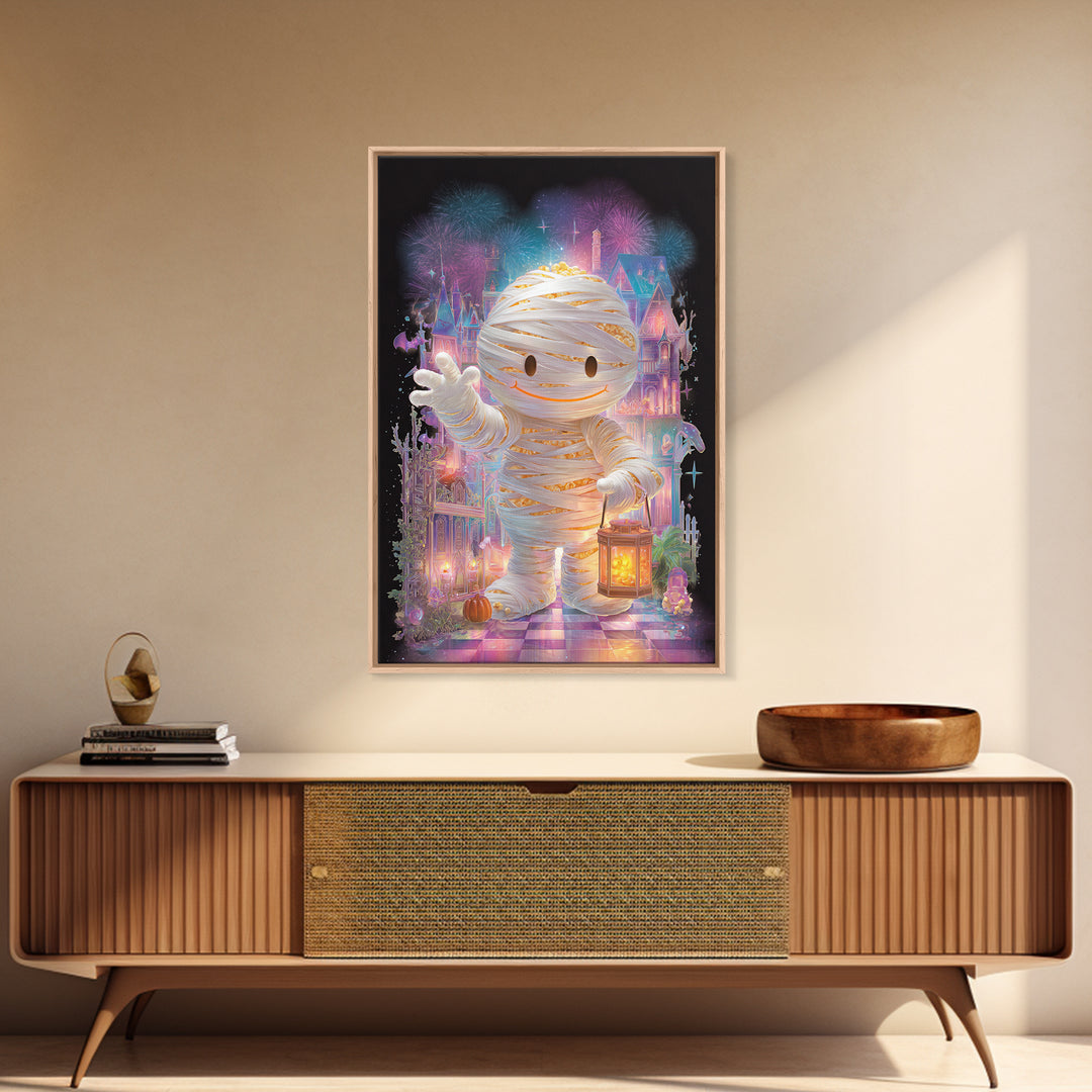 The Popcorn Mummy, Cute Spooky Neon Art, Vertical Wall Art, Framed Canvas Print, Retro Halloween Decor, Neon Wall Art, Spooky Wall Decor