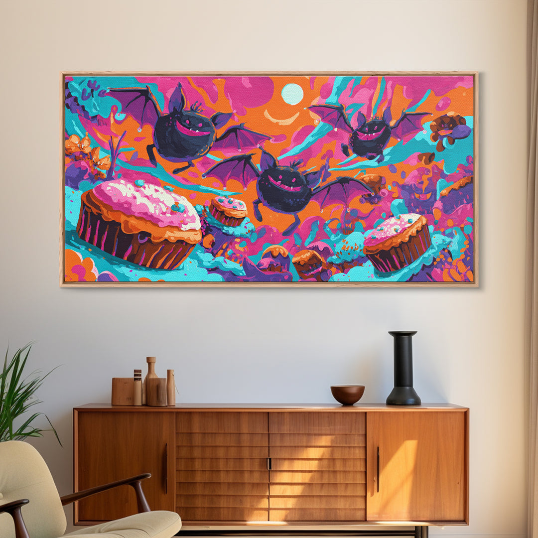 The Brownie Bat Bakery, Cute Spooky Neon Art, Wide Panoramic Art, Framed Canvas Print, Retro Halloween Decor, Neon Wall Art