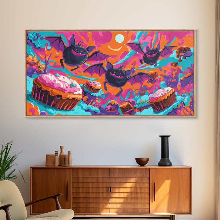 The Brownie Bat Bakery, Cute Spooky Neon Art, Wide Panoramic Art, Framed Canvas Print, Retro Halloween Decor, Neon Wall Art