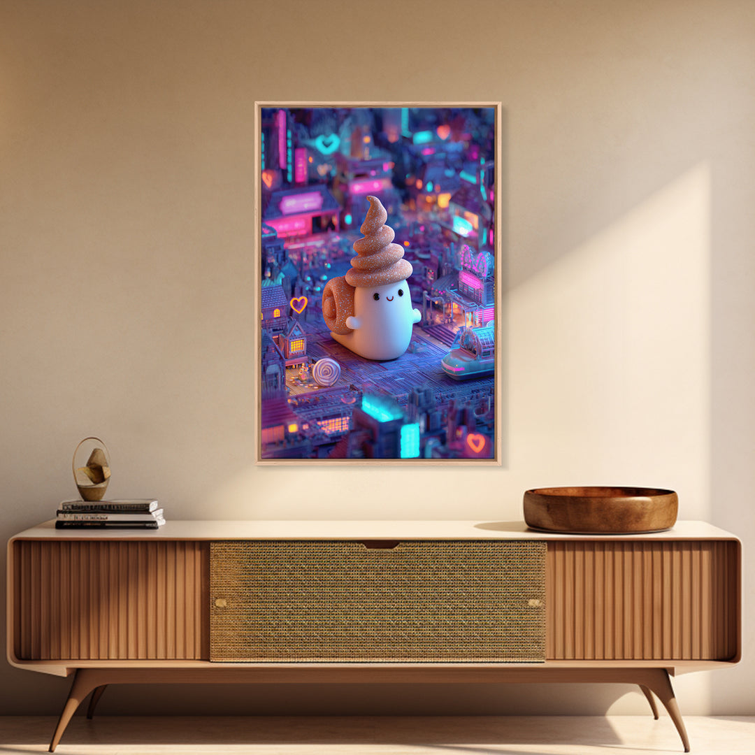 The Cinnamon-Roll Snail Witch, Retro Neon Halloween Art, Vertical Wall Art, Framed Canvas Print, Retro Halloween Decor, Neon Wall Art