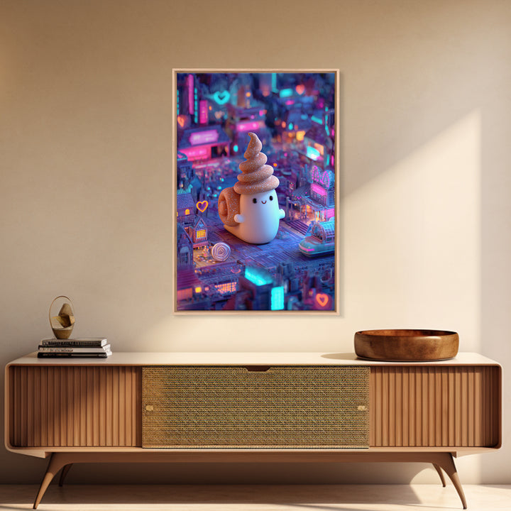 The Cinnamon-Roll Snail Witch, Retro Neon Halloween Art, Vertical Wall Art, Framed Canvas Print, Retro Halloween Decor, Neon Wall Art