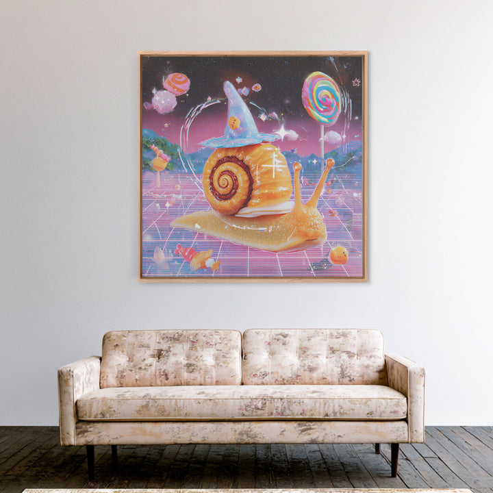 The Cinnamon-Roll Snail Witch, Cute Spooky Neon Art, Square Wall Art, Canvas Print, Retro Halloween Decor, Neon Wall Art