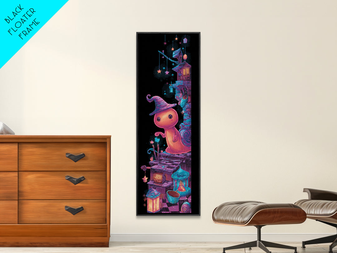 The Cinnamon-Roll Snail Witch, 80s Halloween Wall Art, Tall Narrow Wall Art, Framed Canvas Print, Retro Halloween Decor, Neon Wall Art