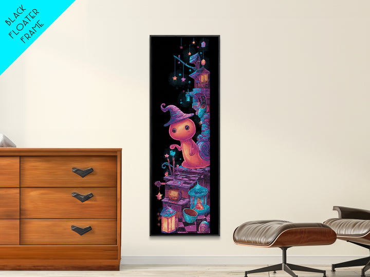 The Cinnamon-Roll Snail Witch, 80s Halloween Wall Art, Tall Narrow Wall Art, Framed Canvas Print, Retro Halloween Decor, Neon Wall Art