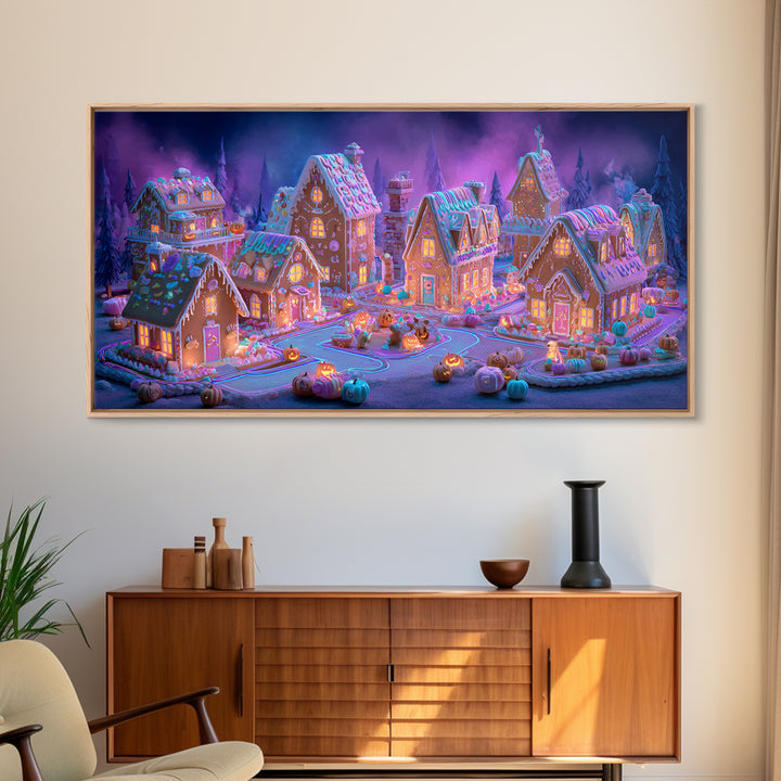 The Halloween Gingerbread Village, Retro Neon Halloween Art, Wide Panoramic Art, Framed Canvas Print, Retro Halloween Decor, Neon Wall Art