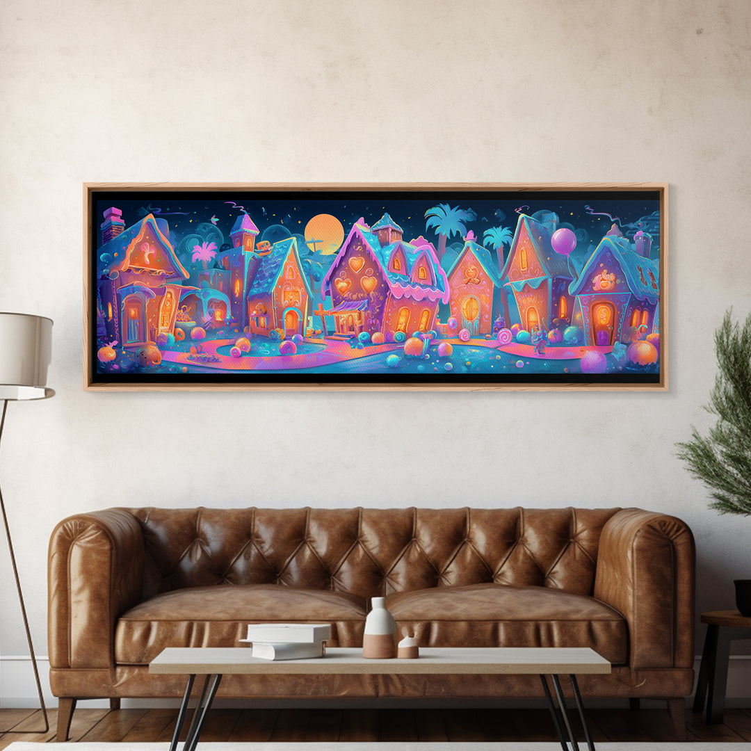 The Halloween Gingerbread Village, Retro Neon Halloween Art, Extra Wide Wall Art, Framed Canvas Print, Retro Halloween Decor, Neon Wall Art