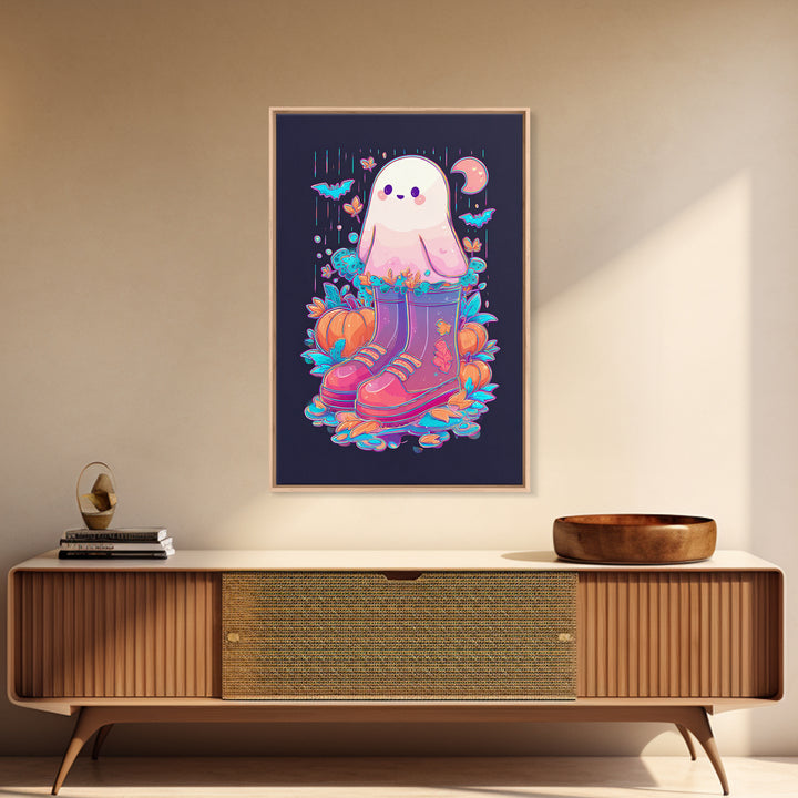 The Ghost In Rain Boots, Synthwave Halloween Art, Vertical Wall Art, Canvas Print, Retro Halloween Decor, Neon Wall Art