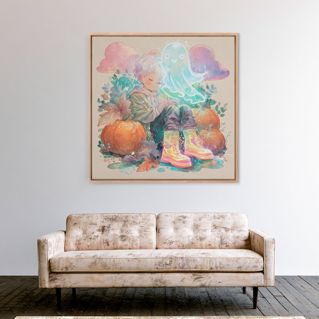 The Ghost In Rain Boots, Cute Spooky Neon Art, Square Wall Art, Framed Canvas Print, Retro Halloween Decor, Neon Wall Art