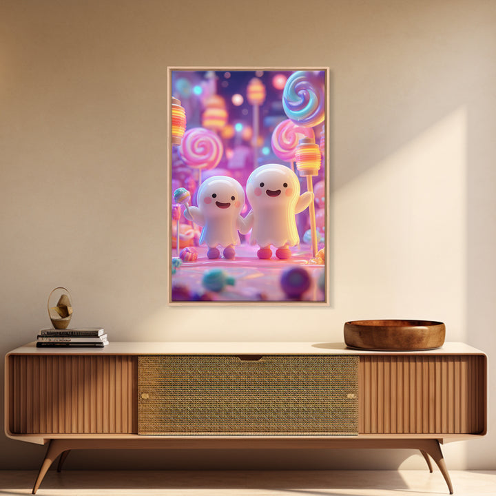 The Ghost Balloon Friend, Cute Spooky Neon Art, Vertical Wall Art, Framed Canvas Print, Retro Halloween Decor, Neon Wall Art