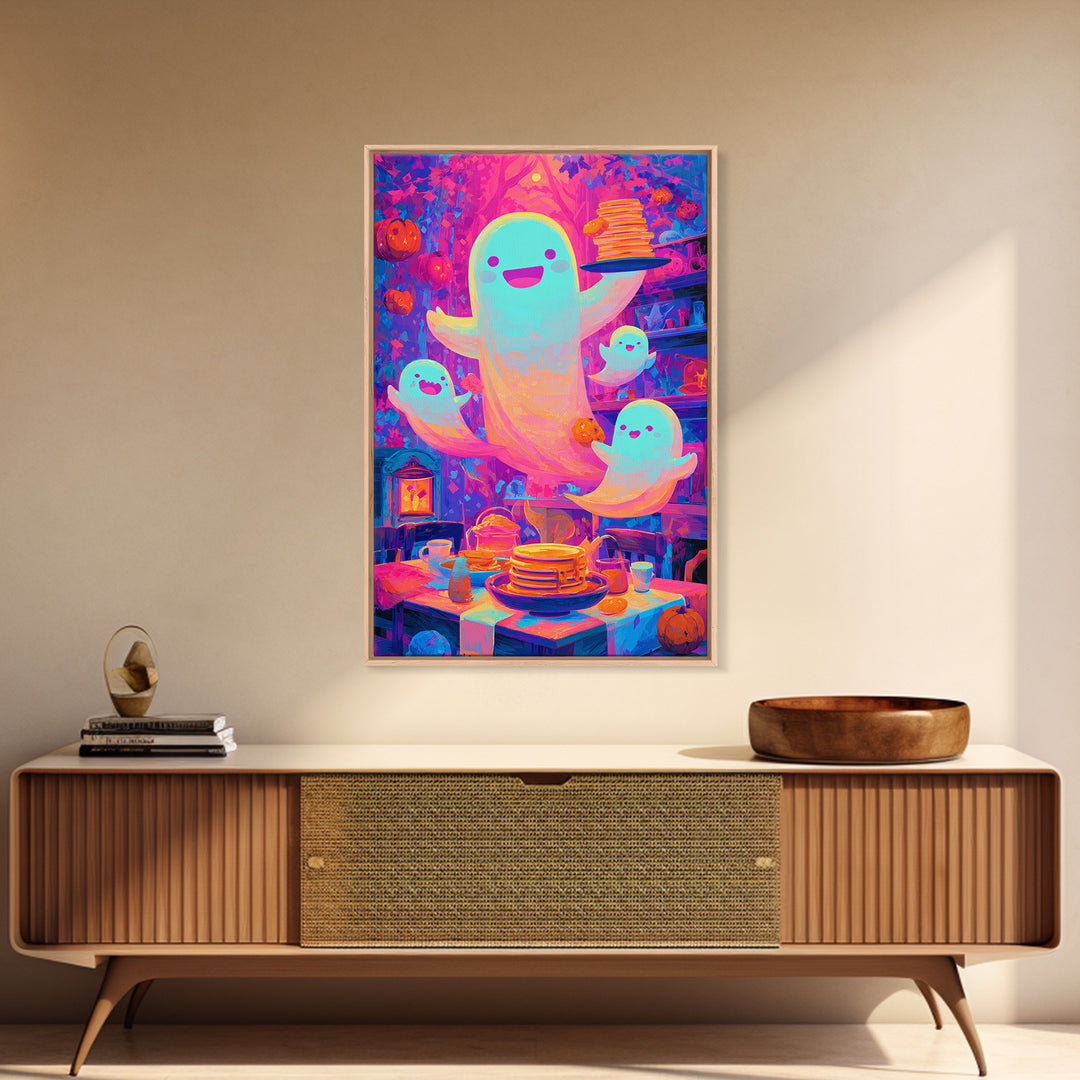 The Ghost Family Breakfast, Synthwave Halloween Art, Vertical Wall Art, Canvas Print, Retro Halloween Decor, Neon Wall Art
