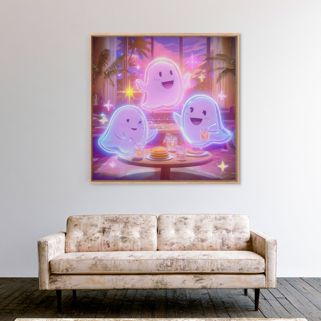 The Ghost Family Breakfast, Retro Neon Halloween Art, Square Wall Art, Framed Canvas Print, Retro Halloween Decor, Neon Wall Art