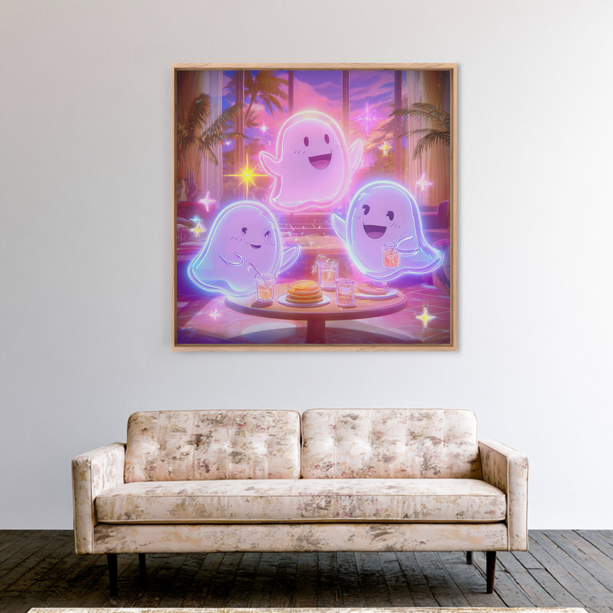 The Ghost Family Breakfast, Retro Neon Halloween Art, Square Wall Art, Framed Canvas Print, Retro Halloween Decor, Neon Wall Art