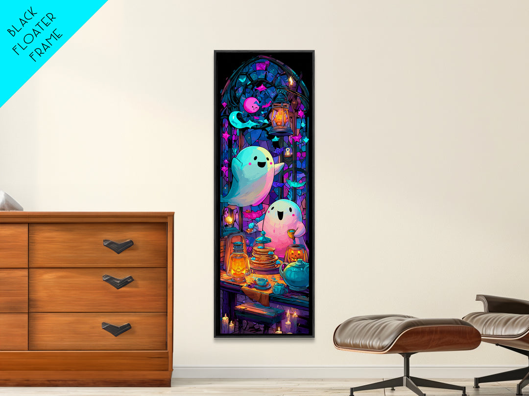 The Ghost Family Breakfast, Vaporwave Halloween Decor, Tall Narrow Wall Art, Canvas Print, Retro Halloween Decor, Neon Wall Art