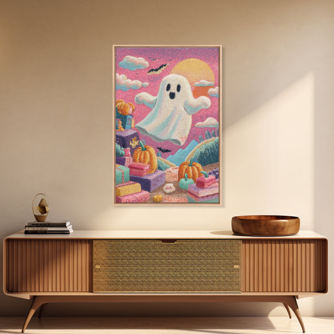 The Ghost Daycare, Retro Neon Halloween Art, Vertical Wall Art, Canvas Print, Retro Halloween Decor, Neon Wall Art, Statement Wall Art