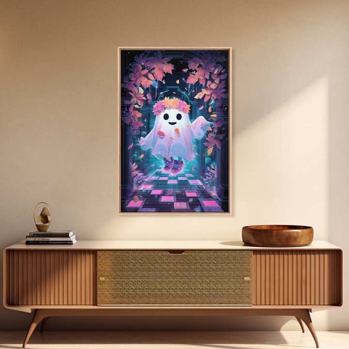 The Ghost With A Flower Crown, Retro Neon Halloween Art, Vertical Wall Art, Framed Canvas Print, Retro Halloween Decor, Neon Wall Art