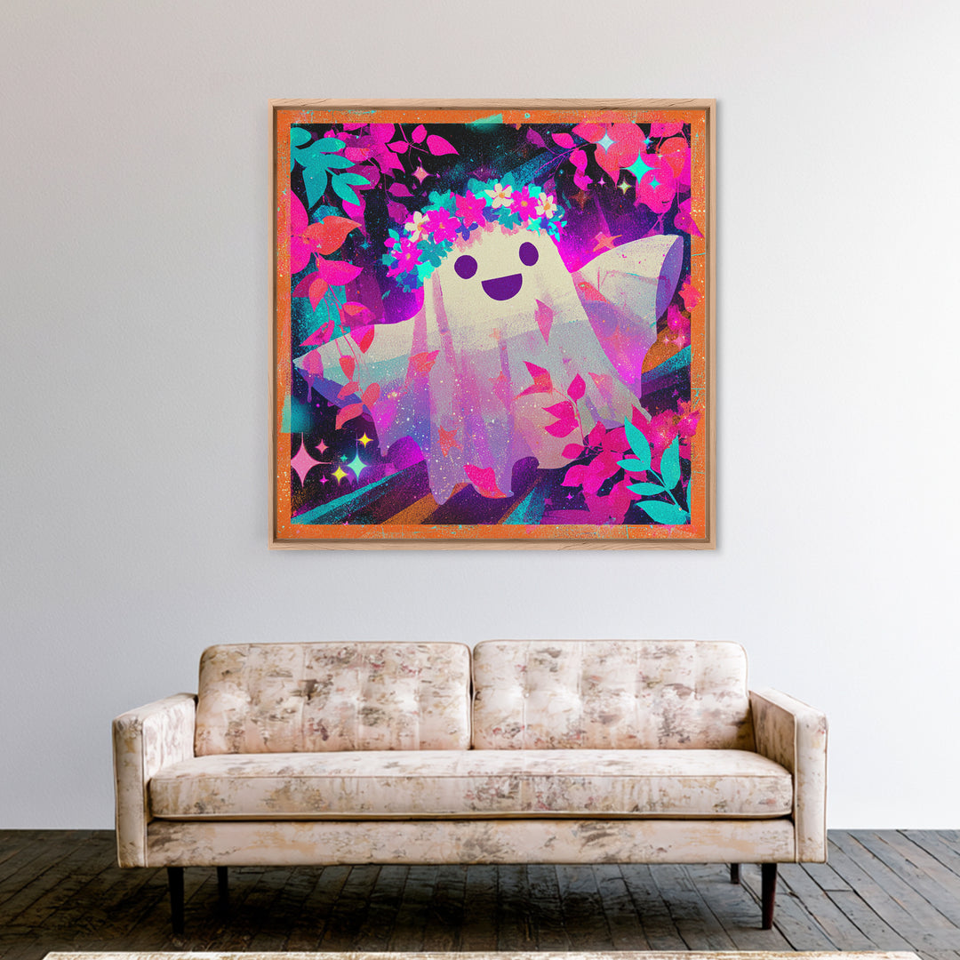 The Ghost With A Flower Crown, Vaporwave Halloween Decor, Square Wall Art, Canvas Print, Retro Halloween Decor, Neon Wall Art