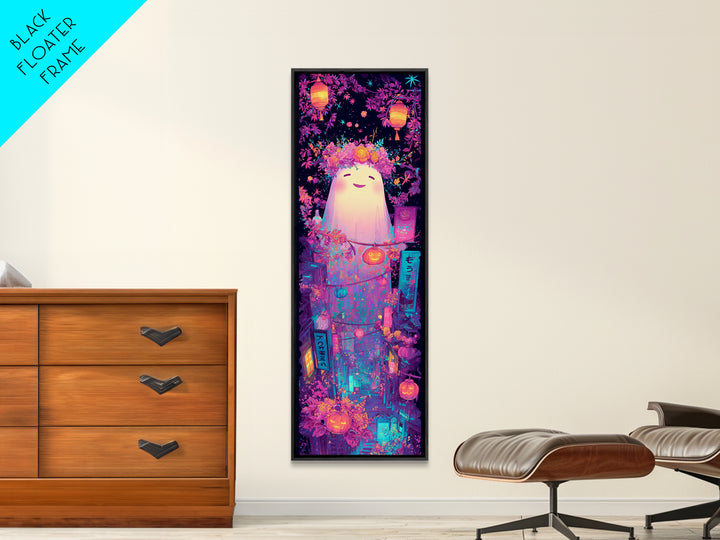 The Ghost With A Flower Crown, Synthwave Halloween Art, Tall Narrow Wall Art, Canvas Print, Retro Halloween Decor, Neon Wall Art