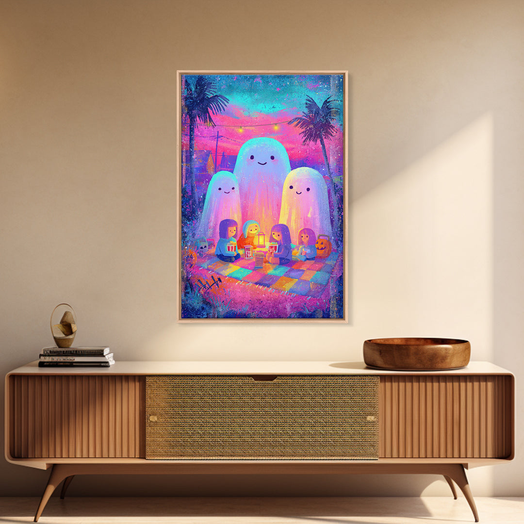 The Sleepy Blanket Ghost, Cute Spooky Neon Art, Vertical Wall Art, Canvas Print, Retro Halloween Decor, Neon Wall Art, Spooky Wall Decor