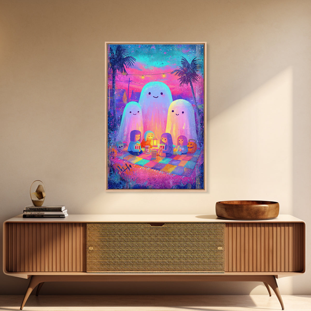 The Sleepy Blanket Ghost, Cute Spooky Neon Art, Vertical Wall Art, Canvas Print, Retro Halloween Decor, Neon Wall Art, Spooky Wall Decor