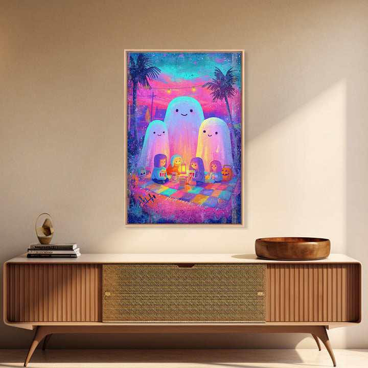The Sleepy Blanket Ghost, Cute Spooky Neon Art, Vertical Wall Art, Canvas Print, Retro Halloween Decor, Neon Wall Art, Spooky Wall Decor