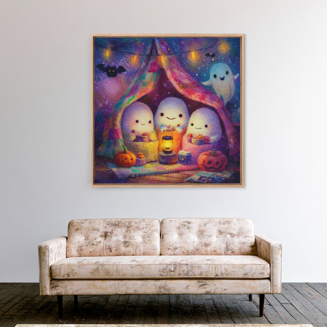 The Sleepy Blanket Ghost, Cute Spooky Neon Art, Square Wall Art, Canvas Print, Retro Halloween Decor, Neon Wall Art, Seasonal Home Decor