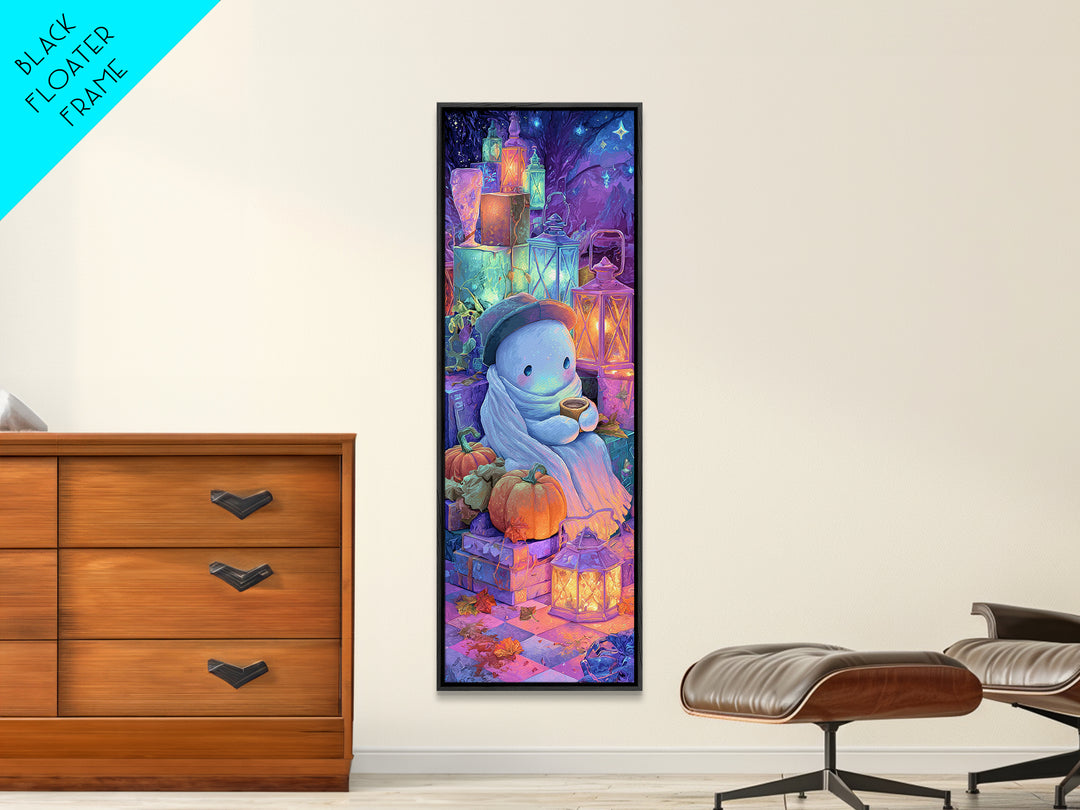 The Ghost Mail Carrier, Vaporwave Halloween Decor, Tall Narrow Wall Art, Framed Canvas Print, Retro Halloween Decor, Neon Wall Art