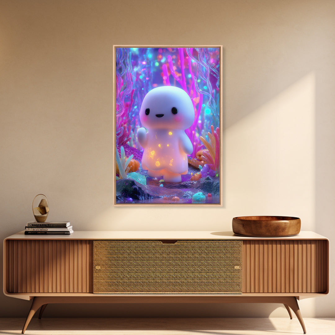 The Ghost And Firefly Friends, Synthwave Halloween Art, Vertical Wall Art, Framed Canvas Print, Retro Halloween Decor, Neon Wall Art