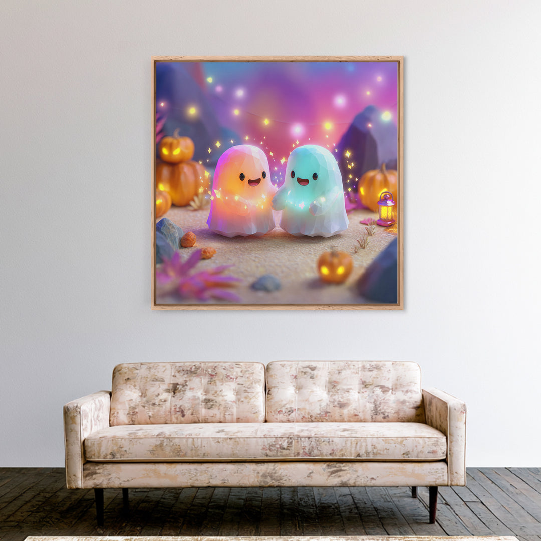 The Ghost And Firefly Friends, Cute Spooky Neon Art, Square Wall Art, Framed Canvas Print, Retro Halloween Decor, Neon Wall Art
