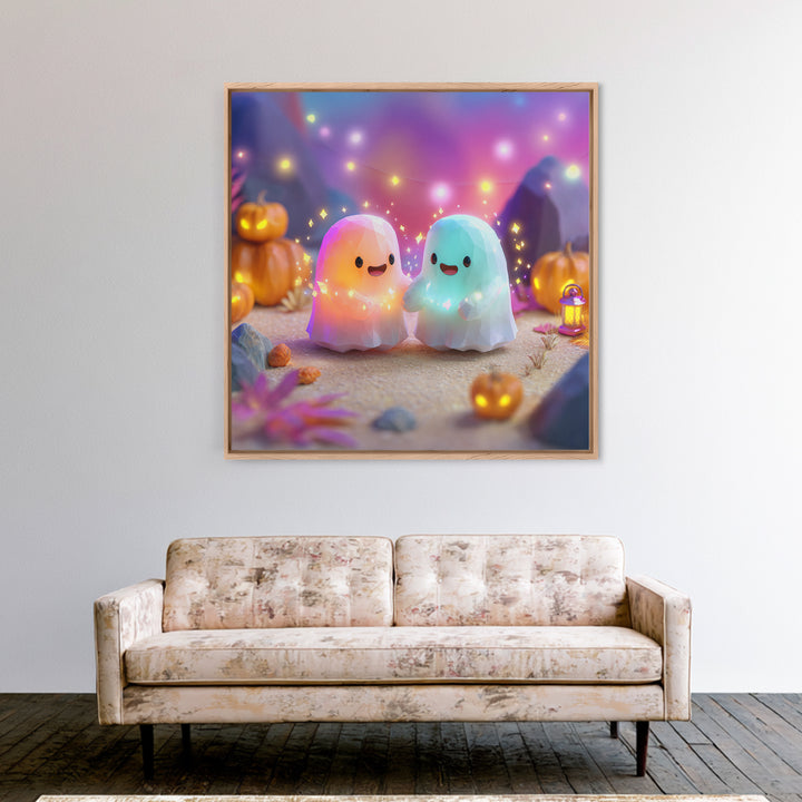 The Ghost And Firefly Friends, Cute Spooky Neon Art, Square Wall Art, Framed Canvas Print, Retro Halloween Decor, Neon Wall Art