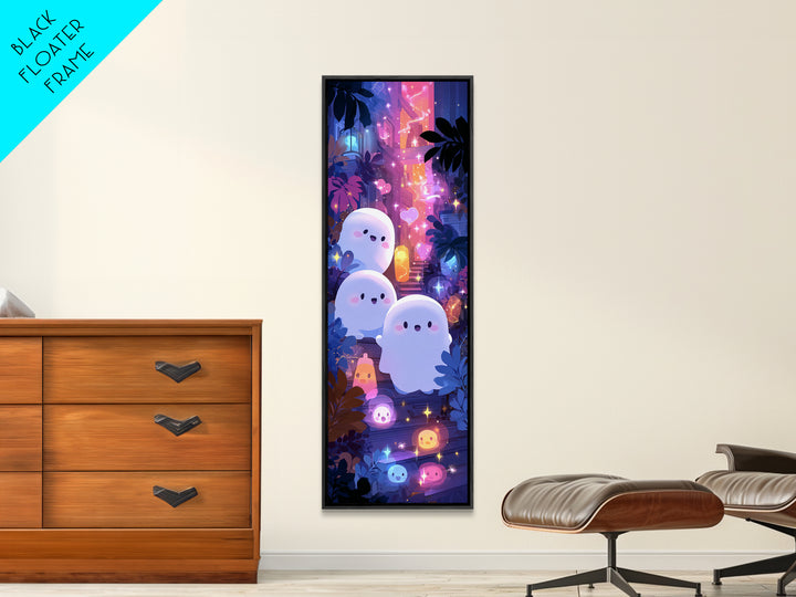 The Ghost And Firefly Friends, Vaporwave Halloween Decor, Tall Narrow Wall Art, Canvas Print, Retro Halloween Decor, Neon Wall Art