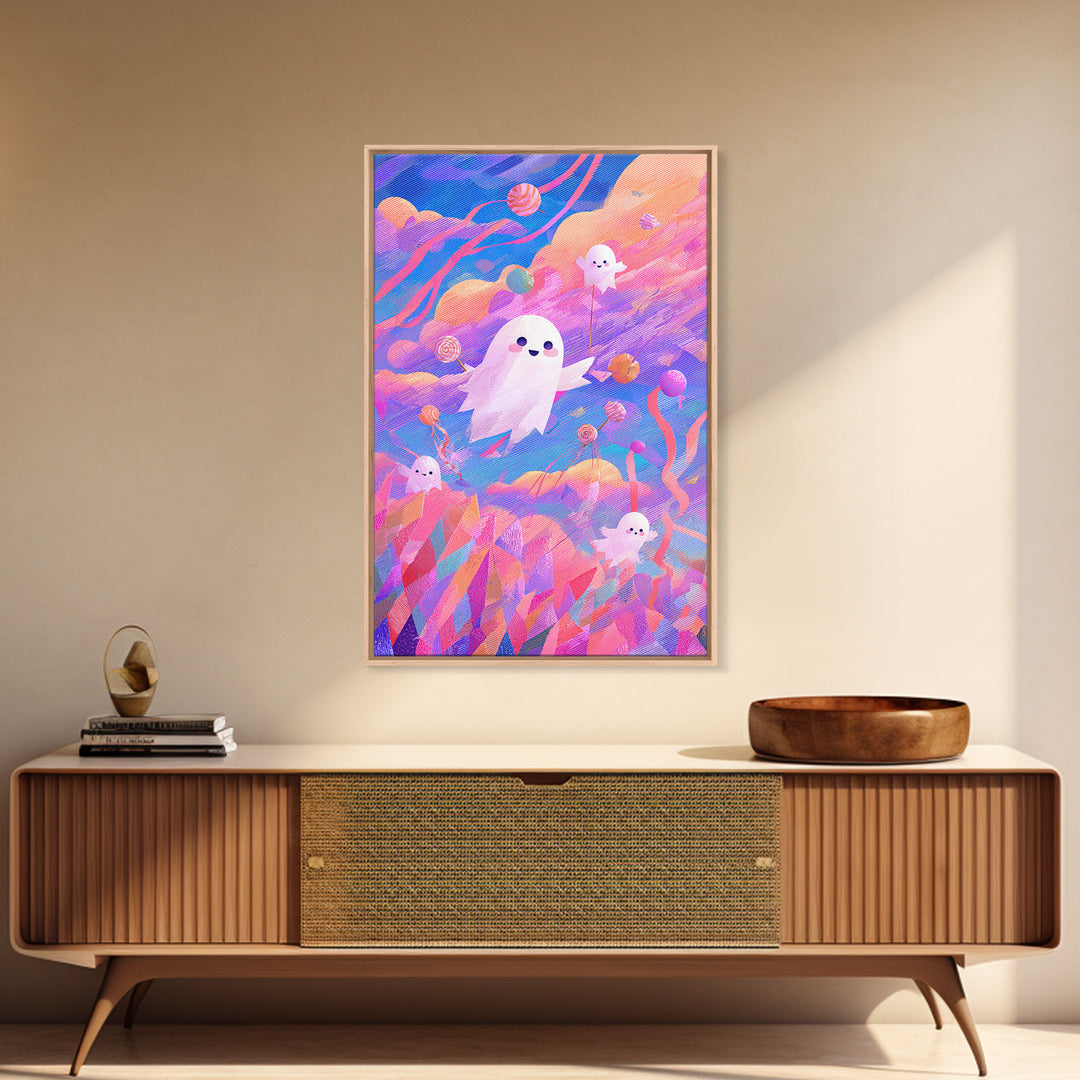 The Ghost Kite Festival, 80s Halloween Wall Art, Vertical Wall Art, Framed Canvas Print, Retro Halloween Decor, Neon Wall Art