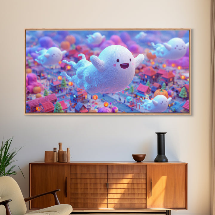 The Ghost Kite Festival, 80s Halloween Wall Art, Wide Panoramic Art, Framed Canvas Print, Retro Halloween Decor, Neon Wall Art